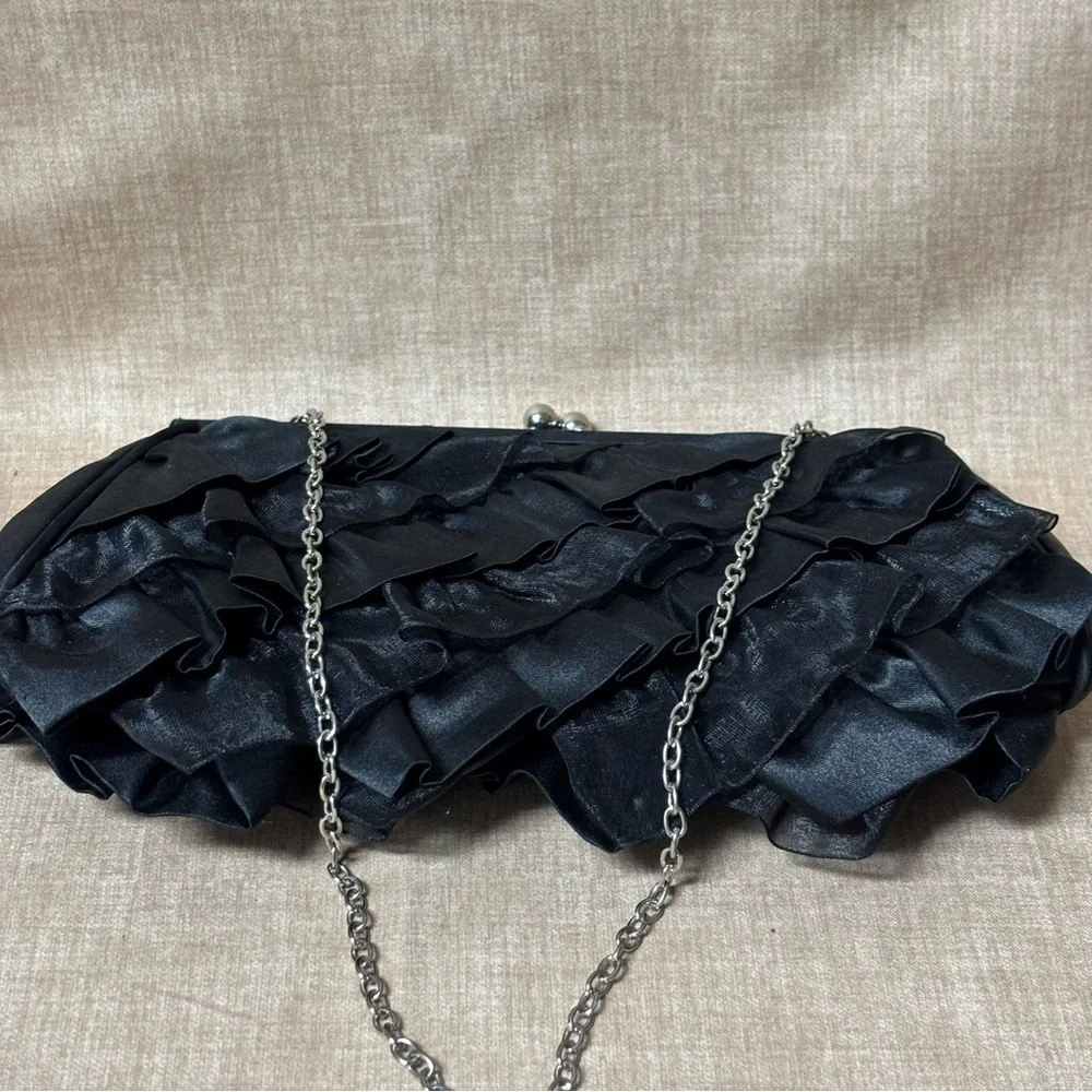 White House Black Market Black Ruffle Evening Clutch Purse Shoulder Bag Satin - Picture 4 of 6